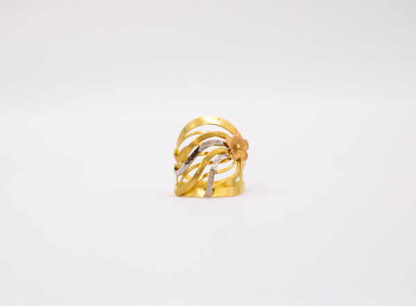 Anel Ouro 18K Aro Duplo C/ Filetes e Flor 3 Tons - Imagem 3