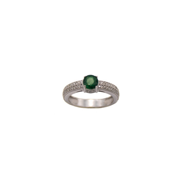 Anel Ouro Branco 18K C/ Esmeralda e Brilhantes