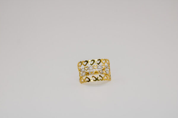 Anel Ouro 18K Aro Duplo C/ Ouro Branco e 4 Fileiras Corações Vazados - Imagem 3