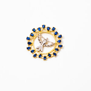 Pingente Ouro 18K Divino Espírito Santo C/ Ouro Branco e Topázios Azul