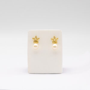 Brinco Ouro 18K Flor C/ Zircônia e Pingente Pérola Natural