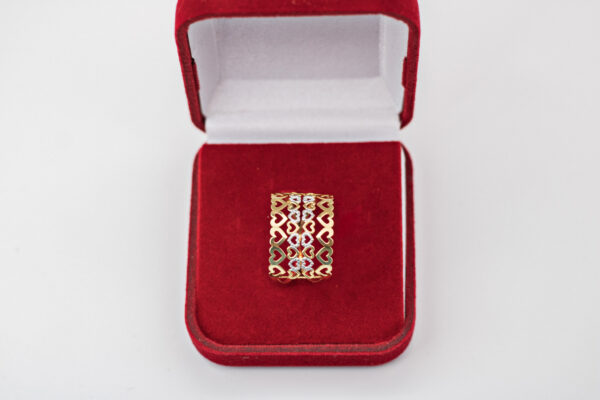 Anel Ouro 18K Aro Duplo C/ Ouro Branco e 4 Fileiras Corações Vazados