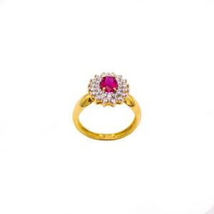 Anel Ouro 18K Pedra Central Vermelha